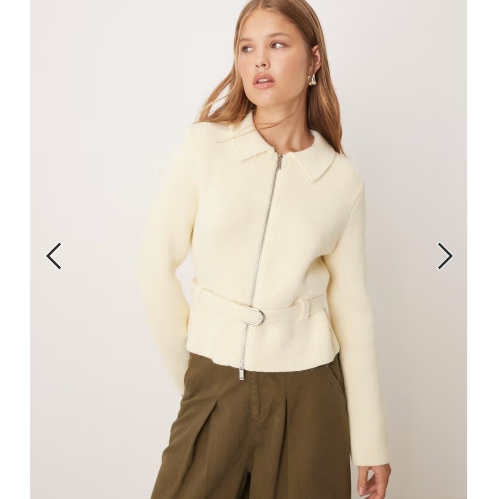 Mango MNG Cream Zip Up Belted Cardigan Sweater Collared Ribbed Knit Womens Small